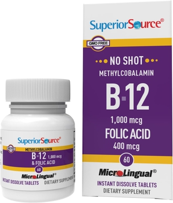 No Shot Vitamin B12 Methylcobalamin (1000 mcg), Folic Acid, Quick Dissolve MicroLingual Tablets, 60 Count, Active Form of B12, Increase Energy, Healthy Heart, Boost Metabolism, Non-GMO