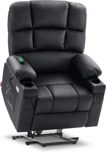 Medium Lay Flat Dual Motor Power Lift Recliner Chair Sofa with Massage and Heat for Elderly People, Infinite Position, Faux Leather 7679 (Black, Medium)