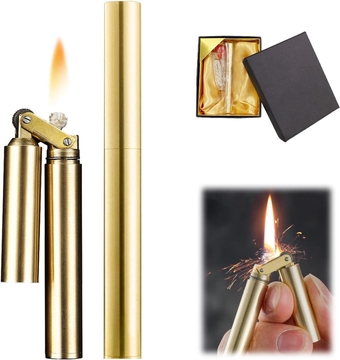 Kerosene Copper Lighter, Vintage Trench Lighter, Creative Windproof Brass Lighter, Cool Wheel Kerosene Oil Lighter for Camping BBQ Kitchen, Gifts for Men Father (Gold)