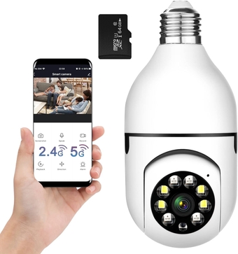 Wireless WiFi Light Socket Bulb Security Camera 360 Degree PTZ Home Camera 1080p Floodlight Night Vision Motion Detection 64GB Micro SD Card Included Support 2.4Ghz and 5Ghz