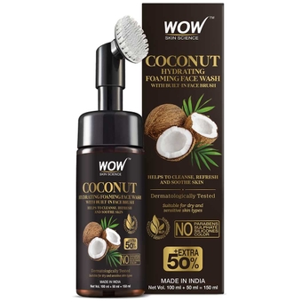 WOW   Coconut Hydrating Foaming Face Wash Cleaner with Brush- Free from Parabens, Silicones, Mineral Oil & Synthetic Fragrance - 150ml