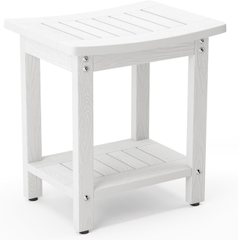 HDPS Shower Bench Seat, White Shower Stool for Inside Shower Waterproof, Bath Spa Shower Foot Stool for Shaving Legs with Storage Shelf, Weather Resistant/Non-Slip/Indoor or Outdoor Use