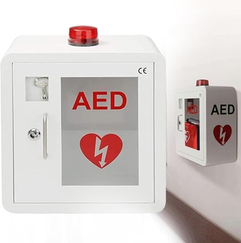 Wall-Mounted AED Defibrillator Storage Cabinet, First Aid Kit Cardiac Defibrillator Storage Cabinet AED Alarm Box with Key and Alarm, Fits Most AED Models