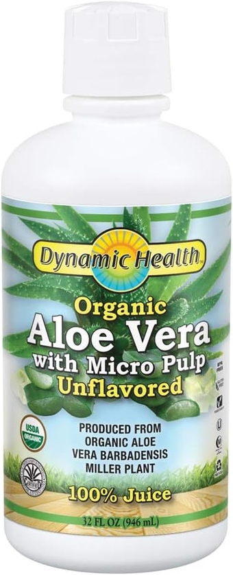Organic Aloe Vera Juice w/Micro Pulp, Unflavored | No Added Sugar, Artificial Color or Sweeteners, No Gluten or BPA | 32oz, 8 Serv