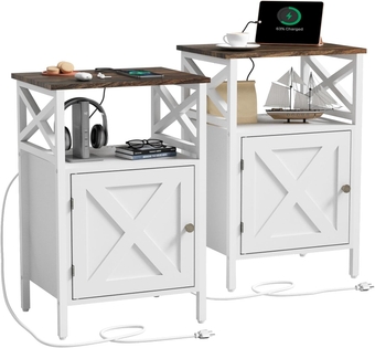 End Table Set of 2, Side Table with Charging Station, Nightstand with 2 Tiers Storage Space and Storage Cabinet, Sofa Side Tables for Bedroom, Living Room, Office, White