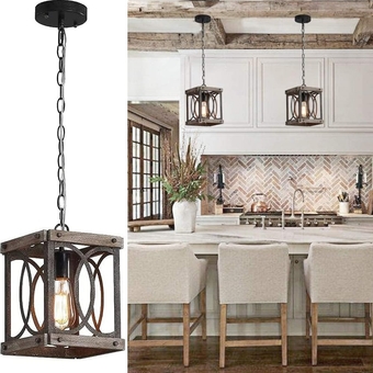 Farmhouse Wood Pendant Lights Kitchen Island, 1-Light Square Cage Lantern Black Metal Industrial Chandelier, Single Mini Rustic Light Fixtures Ceiling Hanging Lighting for Dining Room Foyer Entryway