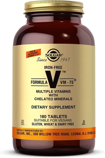 Solgar Iron-Free Formula VM-75, 180 Tablets - Multivitamin with Chelated Minerals - Vitamin A, B6, B12, C, D, E - Biotin, Magnesium, Calcium, Zinc - Vegan, Gluten & Dairy Free, Kosher - 180 Servings