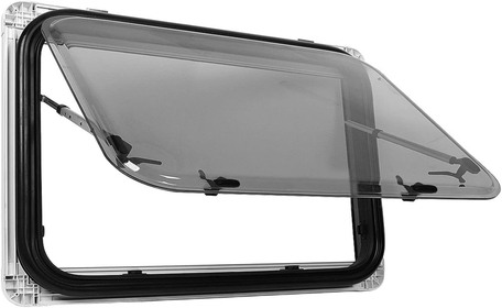 RV Push Out Window, 900x450mm, Double Layer Acrylic Glass, 75° Opening Angle, External Exit Window, with Support Rod, Privacy Curtain