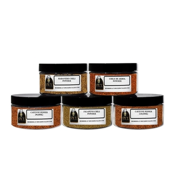 Hot Chili Pepper Gift Set - Contains: 5 Assorted Plastic Jars (1 each of: Jalapeno Powder, Habanero Chili Powder, Chili de Arbo Powder, Cayenne 90,000 (shu), Cayenne 120,000 (shu)) - Muy Caliente!