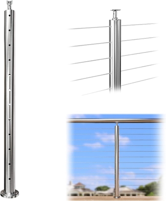 Cable Railing Post Round Post 42”x2.36” Stainless Steel Brushed Finish Level drilled Line Posts Top Mount Wood Concrete Level Deck PS21 LH4L, PT1 PT3