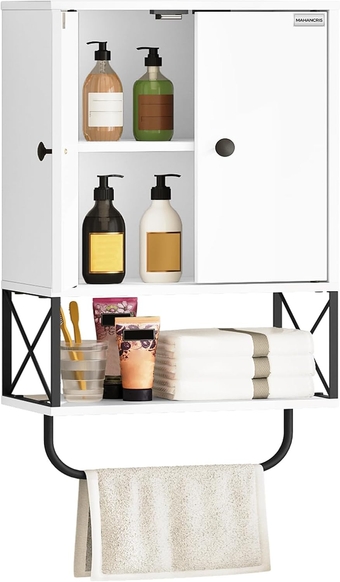 Bathroom Wall Cabinet with 2 Door and Adjustable Shelves, Farmhouse Medicine Cabinet with Towel Rack, 3-Tier Wall Mounted Storage Cabinet Over The Toilet for Bathroom Laundry Room, White