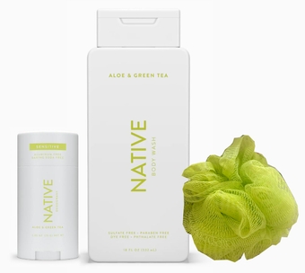 Native Deodorant, Body Wash, and Loofah Set, 1 of each (Aloe & Green Tea - Lime Green Loofah)