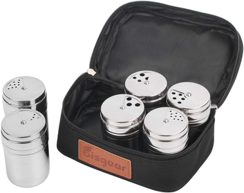 6Pc Salt & Pepper Shaker Sets -  Portable Stainless Steel Spice Shaker Seasoning Dispenser with Adjustable Holes & Travel Bag for Backpacking Camping BBQ