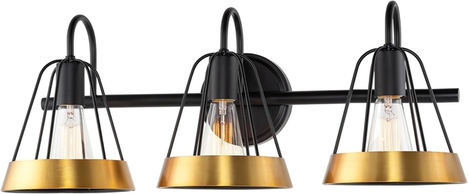 Hayes 25" 3-Light Farmhouse Metal Cage Vanity/Bathroom Light + Conic Metal Shades, Golden Brass + Black Finish