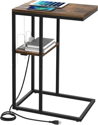 C Shaped End Table with Charging Station for Living Room, Bedroom, Sofa Table with USB Ports and Outlets for Small Spaces, C Couch Rustic Snack Bed Table