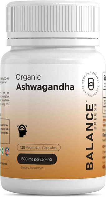 Certified Organic Ashwagandha 1600 mg Supplement - 120 Vegan Capsules - Stress, Mood, Energy and Thyroid Support Supplement - Non-GMO Gluten-Free Pills by Balance Breens