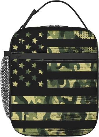 American Flag With Green Camo Lunch Bag Insulated Lunch Box For Women Men,Durable Portable Adult Cooler Lunch Tote Boys Girls Lunchbox With Side Pocket For Work Office School