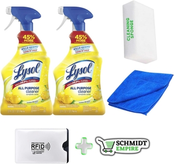 Lysol All-Purpose Cleaner, Sanitizing and Disinfecting Spray, To Clean and Deodorize, Lemon Breeze Scent, 32oz + Microfiber Cleaning + 1 Card Protector SchmiidtEmpire + Sticker (Pack of 2)