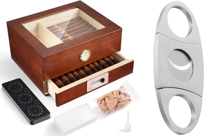 Glass Top Cedar Humidor and Cigar Cutter Stainless Steel, with Front Hygrometer, Humidifier, Divider, and Accessory Drawer, Desktop Cedar Wood Cigar Box Holds 20-30 Cigars, Cigar Accessories for Men