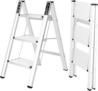 3 Step Ladder, Multi-Purpose Aluminum Alloy Lightweight Portable Folding Step Stool with Wide Anti-Slip Pedals for Home Kitchen Office, Flower Rack Stepladders(3STPE, White)