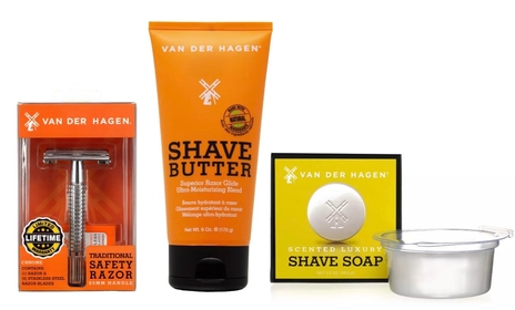 Van Der Hagen Men’s Traditional Safety Razor Kit (includes 5 blades), Chrome Bundle with Van Der Hagen Shave Butter- Best Shave and Van Der Hagen Men's ury Scented Shave Soap