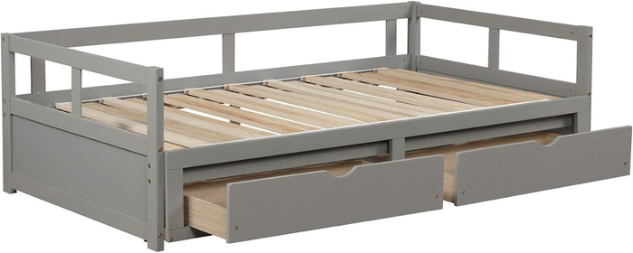 Daybed with Trundle and Drawers, Twin to King Design Sofa Bed,Wooden Extendable Bed Daybed for Bedroom Living Room, Gray