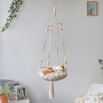 Hanging Macrame Hammock for Cats, Boho Swing Resting Bed Hand Woven Climbing Playing Sleeping Kitten Tapestry Indoor Outdoor House Bed Decor with Tassel Basket (No Mat)