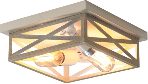 White Farmhouse Ceiling Light Fixtures, Industrial Kitchen Ceiling Light Fixture for Bedroom, 2-Light Rustic Metal Finish Farmhouse Flush Mount Ceiling Light,Square Cage Hallway Light