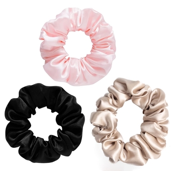 Silk Scrunchies -100% Mulberry Silk Hair Ties for Anti-Crease and Frizz Prevention,Ideal for Women Suitable for All Hair Types.Pack of 3 (Pink, Black and Ivory)