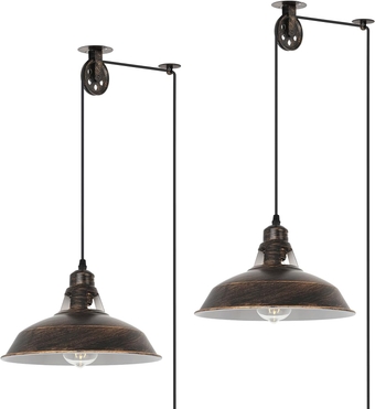 Farmhouse Brushed Bronze Plug in Pulley Barn Pendant Light with 19.4ft Cord On/Off Switch Rustic Vintage Hanging Ceiling Lamp for Kitchen Island Living Room Bedroom Foyer Pool Table (2 Pack, 10.63'')
