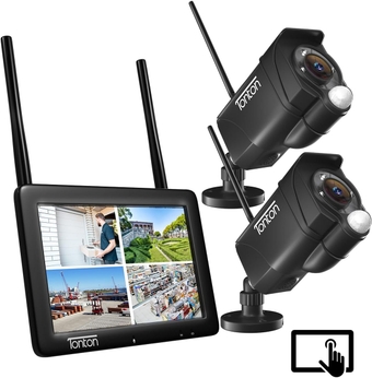[Dual WiFi, PIR]  2K Portable Wireless Security Camera System with 7" IPS Touchscreen Monitor, 4CH NVR, 2PCS 3MP Outdoor Spotlight Cameras, DC Powered, 2 Way Audio, Colorful Night, 32GB (Black)