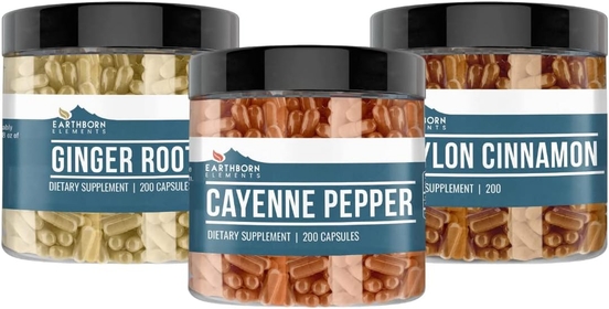 Cayenne Pepper, Ceylon Cinnamon & Ginger Root Bundle (200 Capsules Each), Pure & Undiluted, No Additives