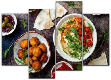 Wall Art Canvas Homemade hummus with roasted cherry tomatoes and pita bread Middle Modern Painting 4 Panels Prints Stretched and Framed Artwork for Living Room Office Home Wall Decoration Gift