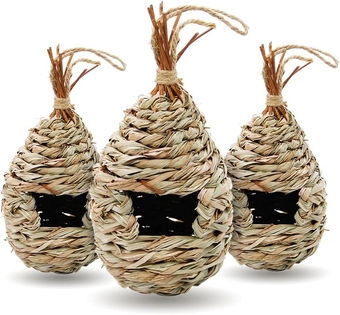 Gute Hummingbird Houses for Outside Hanging, Natural Grass Hanging Bird Hut, Hand Woven Hummingbird Nest, Large Wren Finch Bird House for Garden Window Outdoor Home Decoration, 3 Pack