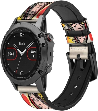 CA0729 Queen Hearts Card Leather & Silicone Smart Watch Band Strap for Garmin Approach S40, Forerunner 245/245/645/645, Venu Vivoactive Vivomove Size (20mm)