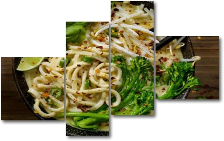 Personalized Wall Art Prints green curry noodle soup with broccolini bean sprouts and fresh basil Framed Artwork for Living Room Art Wall Painting Pictures 4 Panels Canvas Posters Home Office Décor