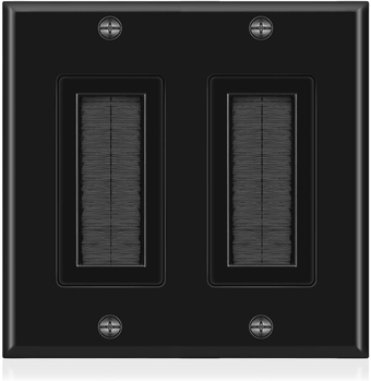 Double 2 Gang Black Wall Plate Black Brush Style Opening Pass through Low Voltage Cable Plate In-Wall Installation for Cable, TV, Speaker Wires, Coaxial Cables, HDMI Cables, Network and Security Wires