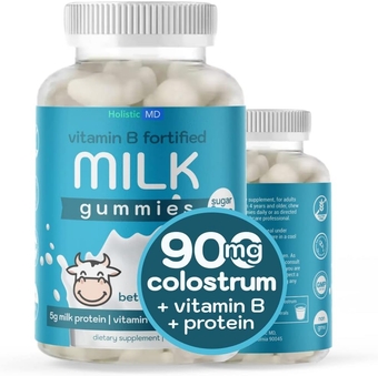 Colostrum Supplement with Vitamin B Complex - Grass Fed Milk Gummies for Kids & Elderly - 60 ct Sugar Free Milk Protein Gummies