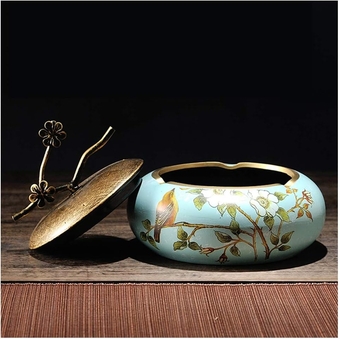 Chinoiserie Ceramic Cigarette Ashtray With Lids for Indoor Outdoor, Windproof Ash Holder for Smokers,Desktop Smoking Ash Tray for Home Office Decor,Gift for Men Wome H