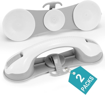 Grab Bars for Shower, 12 Inch Shower Handle 3 Strong Suction Cup Grab Bar with Hook, Safety Bars for Shower Chair Stool, Bathroom Grab Bar for Seniors, Elderly, Handicap (2 Pack)