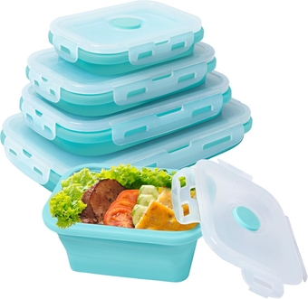 Set of 4 Collapsible Silicone Food Storage Containers with Lids, Foldable Meal Prep Sets, BPA Free Silicone Bento Lunch Boxes for Kitchen and Camping, Dishwaser Safe, Blue