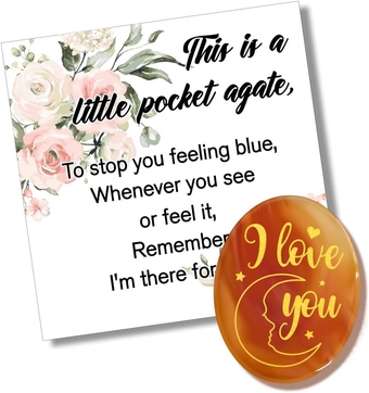Agate Calming Crystal Carved Natural Red Agate with Meaning Card Velours Bag Red Agate Pocket Palm Stones with Moon Star "I Love You" Words Get Well Gifts Thinking of You Gifts for Women Men