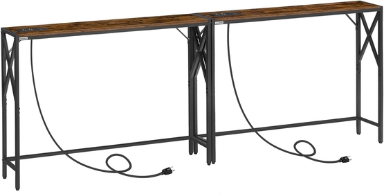 2 Pack Narrow Sofa Table with Charging Station, 39.4" L x 5.9" W x 29" H, Skinny Console Table, Long Entryway Table, Hallway Table, Couch Table with Power Outlets, Rustic Brown CTHR151E01S2