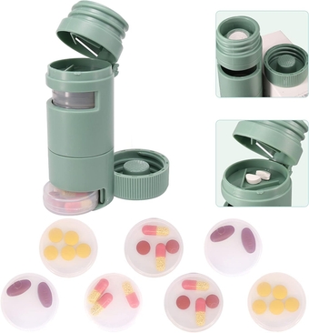 3 in 1 Portable Pill Cutter Pill Crusher Weekly Pill Organizer Pill Cutter and Crusher for Small Or Large Pills Travel Pill Bottle 7 Day for Purse(Green)