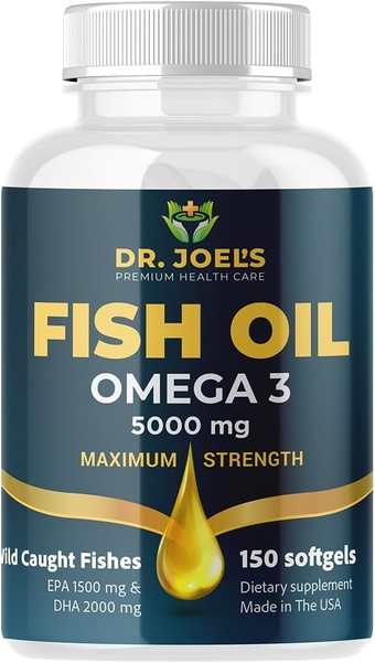 Dr JOEL's Fish Oil Omega 3 5000mg - No Fishy Burp - High DHA 2000mg, EPA 1500mg - 150 Softgels - Non GMO - Made in The USA