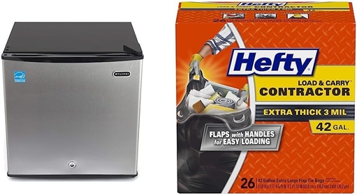 CUF-112SS Mini, 1.1 Cubic Foot Energy Star Rated Small Upright Freezer with Lock, Stainless Steel & Hefty Load & Carry Heavy Duty Contractor Large Trash Bags, 42 Gallon, 26 Count