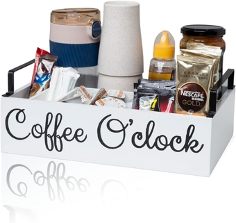Coffee Station Organizer with Small Removable Dividers, Wooden Coffee Bar Accessories Storage For Countertop, Farmhouse Kcup Coffee Pod Holder Basket With Handle For Coffee Lover - white