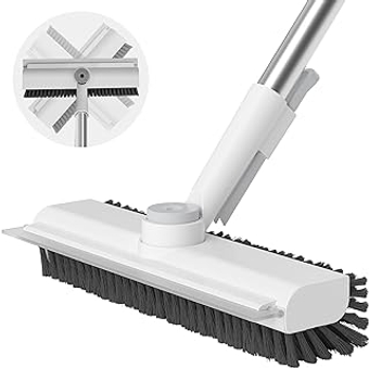 Floor Scrub Brush with Long Handle, 3 in 1 Scrape and Heavy-Duty Stiff Bristle Scrubber Brush for Cleaning Shower Bathroo...