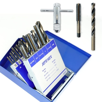 18-Piece Drill and Tap Set with 1 Piece T-Handle Ratchet Tap Wrench Capacity Range #0-1/4", Black and Gold Premium HSS Jobber Length Drill Bits and Hand Plug Taps with Metal Indexed Box