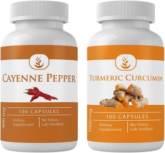 PURE ORIGINAL INGREDIENTS Cayenne Pepper & Turmeric Curcumin Capsules Bundle (100 Capsules Each) No Additives or Fillers, Lab Verified